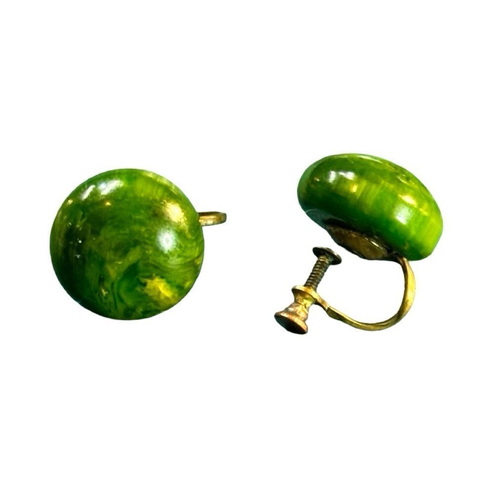 Earrings – Vintage 1950s Green Marbled Bakelite-Style Screw-Back Earrings - Picture 2 of 3